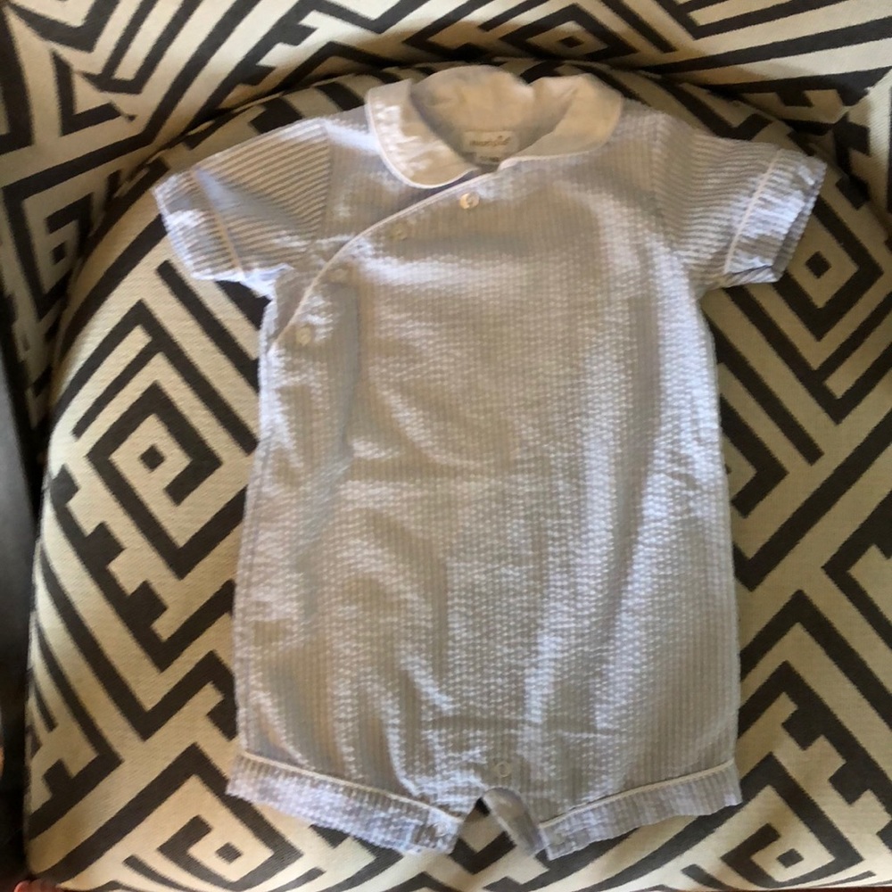 Mud Pie Seersucker Blue White Shortall 12-18 month